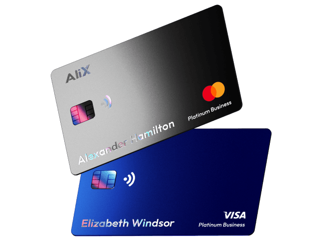 Two Alix crypto cards, a silver Mastercard and a blue Visa Platinum Business card