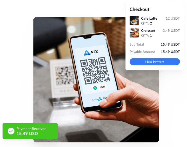 Phone scanning an Alix Pay QR code at a café, with the checkout total paid in USDT