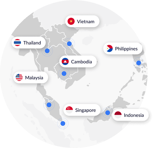 Map of Southeast Asia with Alix Pay markets: Vietnam, Thailand, Philippines, Cambodia, Malaysia, Singapore and Indonesia