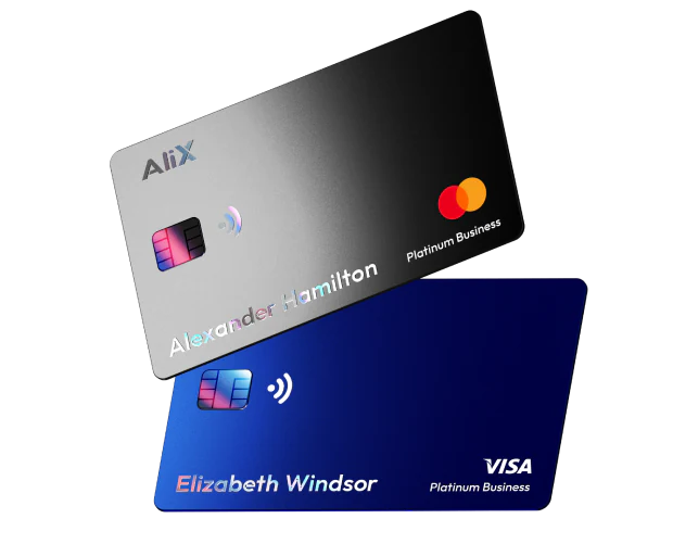 Two Alix crypto cards, a silver Mastercard and a blue Visa Platinum Business card