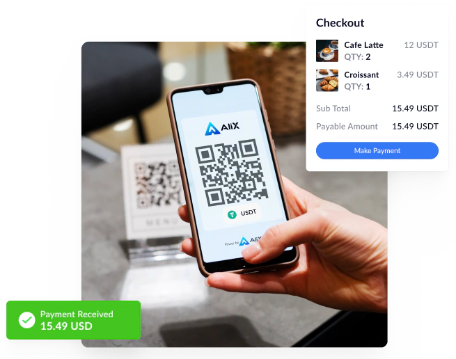 Phone scanning an Alix Pay QR code at a café, with the checkout total paid in USDT